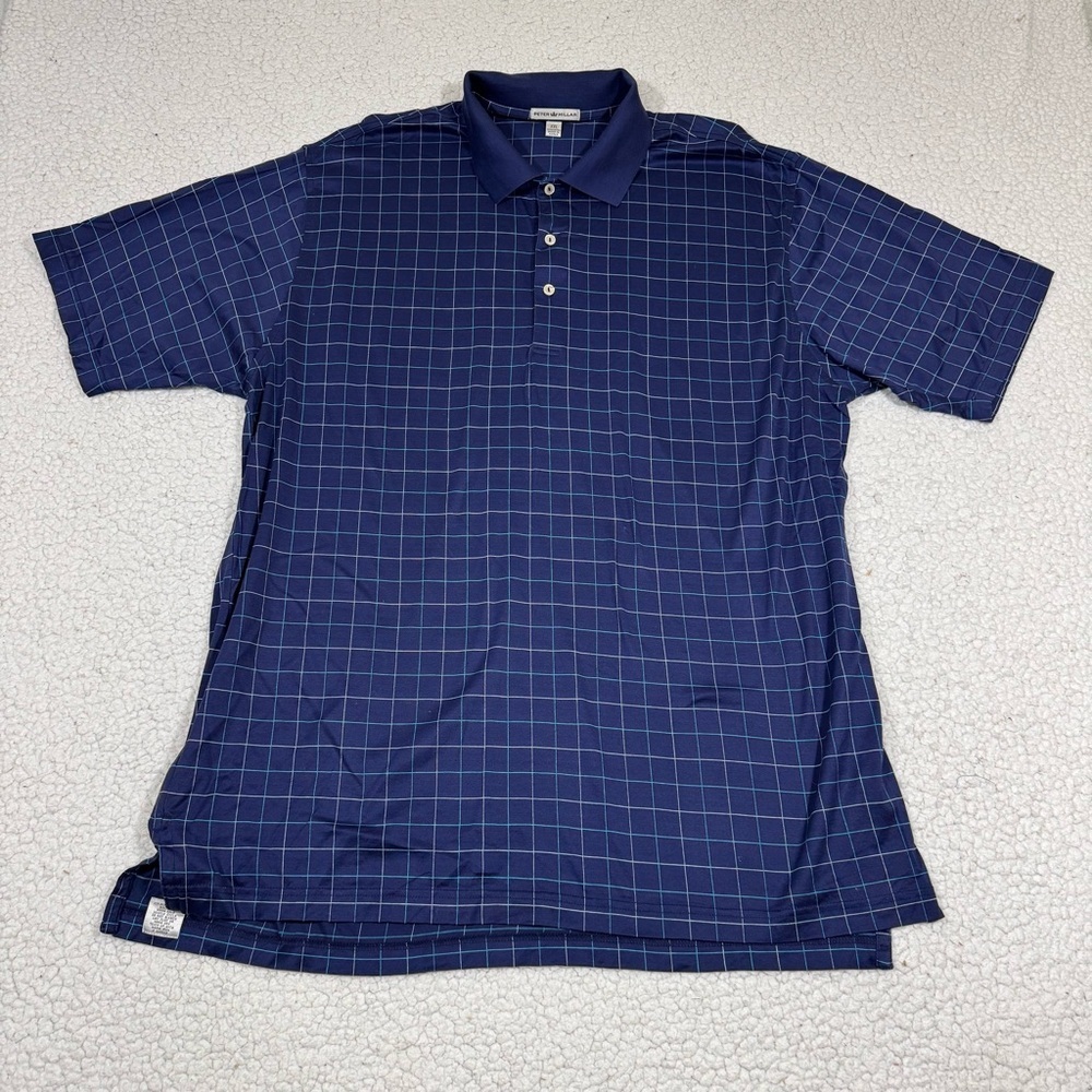 Peter Millar Navy Blue Plaid Checkered Short Sleeve Golf Polo Shirt Men's XXL